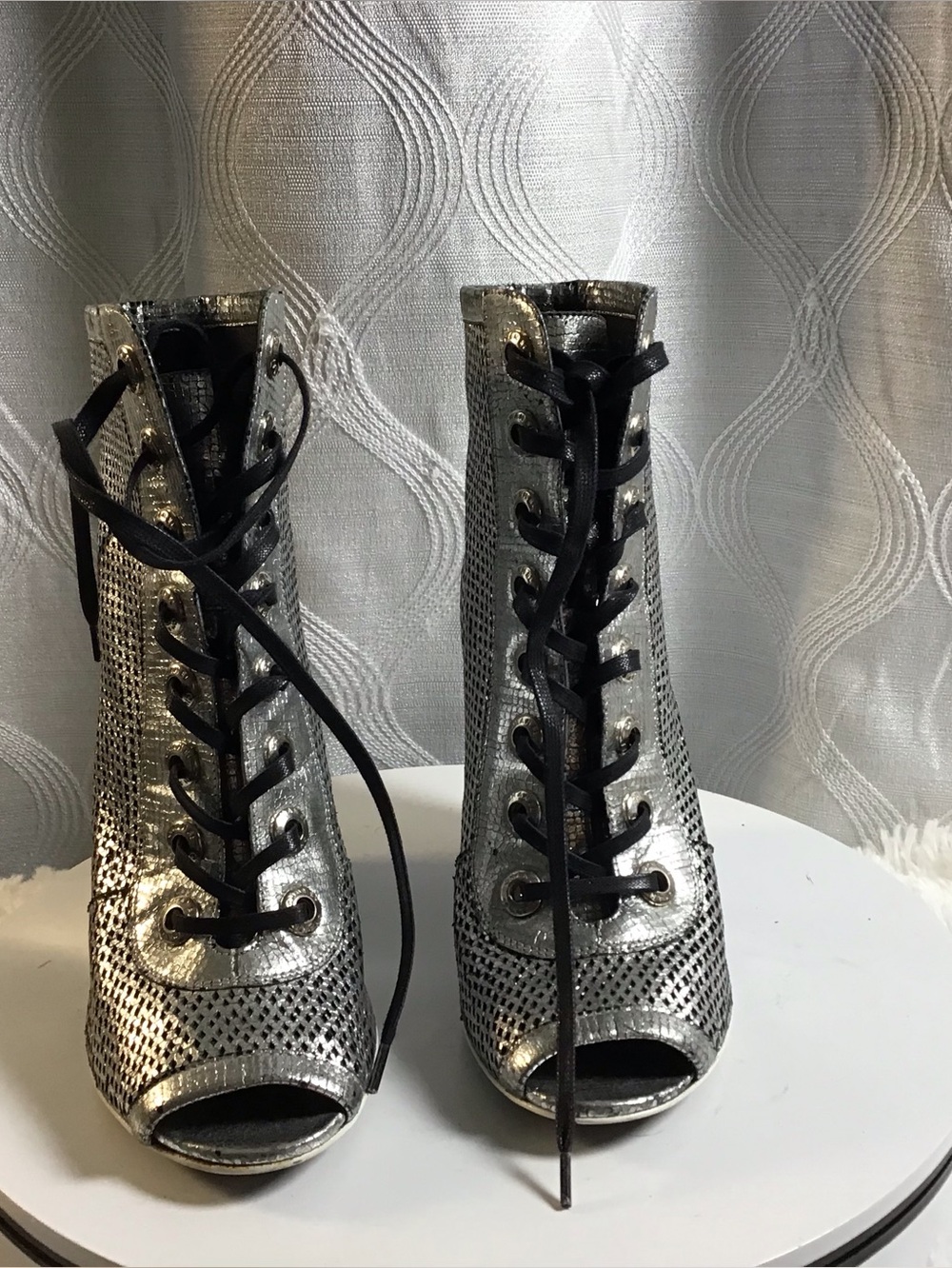 CHANEL Metallic Silver Lace-Up Peep-Toe Booties with Black Laces